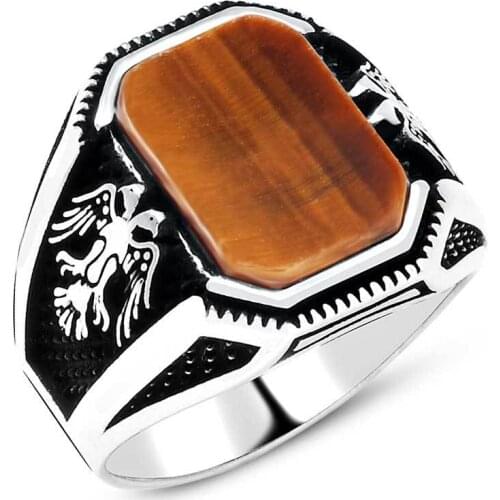 925 sterling Silver the Seljuk Eagle Detailed Tiger Eye Stone Ring