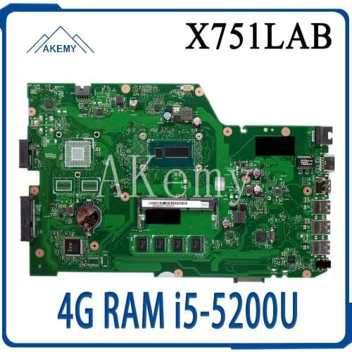 AKEMY X751LAB original mainboard For Asus X751L K751L R752L R752L X751LA X751LN X751LK X751LJ 4G RAM i5-5200U Laptop motherboard