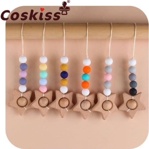 Coskiss Beech Wooden Five Star Baby Pacifier Clips Dummy Nipple Holder for Infant Shower Gift Food Grade Silicone Beads