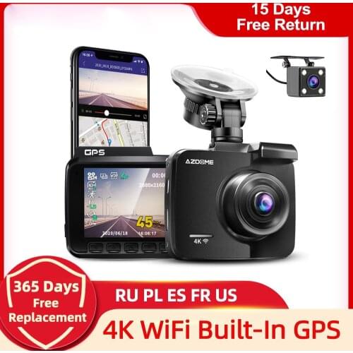 Dash Cam Dual Lens 4K UHD Recording Car Camera DVR Night Vision WDR Built-In GPS Wi-Fi G-Sensor Motion Detection Parking Monitor