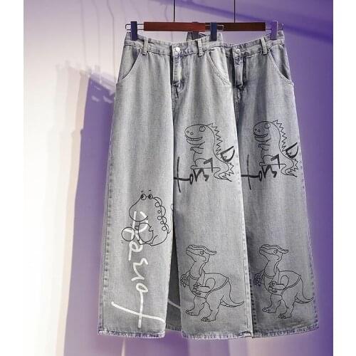 Cute Dinosaur Jeans Femme Autumn Kawaii Loose Womens Fashion Trousers Funny Korean High Waist Harajuku Straight Pants Females