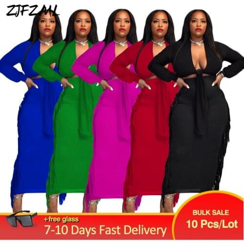 Bulk Items Wholesale Lots 2 Piece Skirt Set Women Deep V Neck Tied Up Bandage Crop Top and Side Tassels Spliced Maxi Dress New