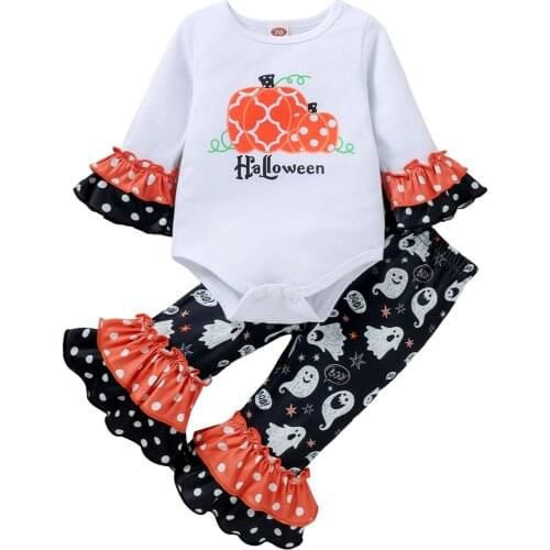 Baby Girl Halloween Clothes Outfits Set Pumpkin Print Ruffle Long Sleeve Romper Top and Flare Pants 2pcs
