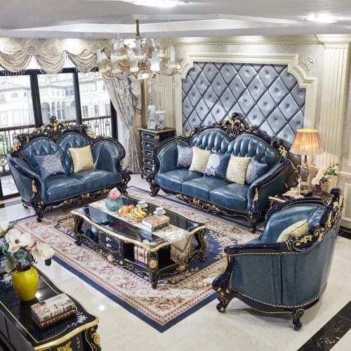 European-style Leather Sofa Combination All Solid Wood Oak 123 Hotel Living Room Furniture Luxury Big Style Home Furniture