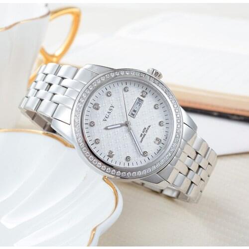 VGASY bully-boy steel belt high-grade crystal diamond lovers quartz watches sports leisure temperament watch clock calendar week