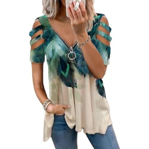 Summer New Feather Pint V-neck Zipper Decor T-Shirt Top Women Short Sleeve Hollow Out Casual Loose Pullover Tee Plus Size 5XL