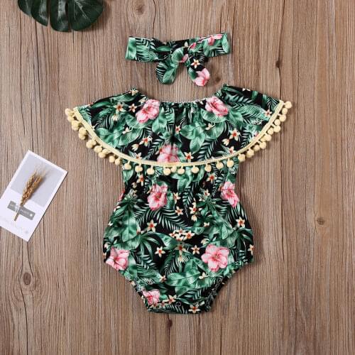 Baby Summer Clothing Infant Newborn Baby Girls Elastic Waist Slim Bodysuits Flowers Tassels Jumpsuits + Headband