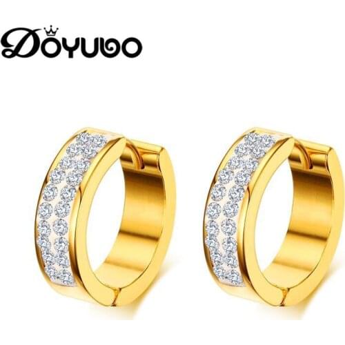 DOYUBO Fashion Gold Stainless Steel Hoop Earrings High Quality White Clay Rhinestone Earrings For Lady Fashion Accessories DB007