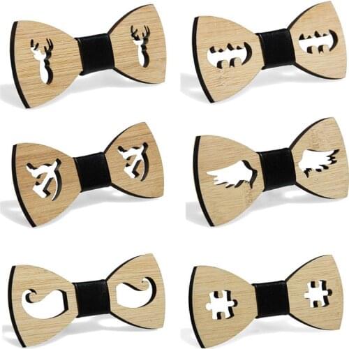 Men Boys Hollow Bat Deer Wings Handmade Bamboo Wooden Bow Tie Faux Leather Knot Center Adjustable Business Wedding Party Necktie