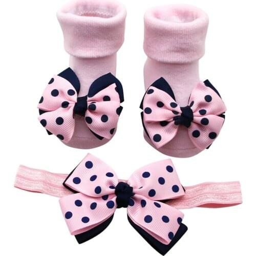 Baby Infant Socks +1PC Hair Belt Toddler Girls Bow Wave Point Anti-slip Socks Newborn Baby Socks Active Baby Clothes Accessories
