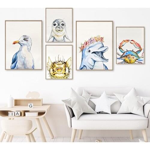 Seal Dolphin Crab Seagull Cuckold Marine Life Wall Art Canvas Painting Nordic Posters And Prints Pictures Kids Room Home Decor