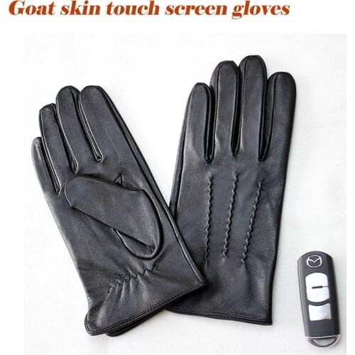 Goatskin gloves mens single skin thin unlined spring summer driving black leather touch screen sheepskin gloves