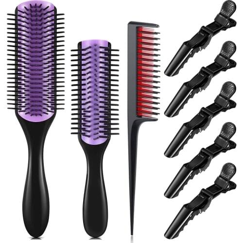 Detangling Hair Comb Kit Detangler 9 Rows Hair Brush Rat Tail Comb for 3a to 4c Curly Straight Wet Hair Scalp Massage Hairbrush