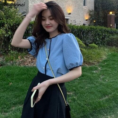 Shirt Women Ulzzang Plaid Girls Elegant Single Breasted Simple Lantern Sleeve All-match Ins O-neck Female Tops Casual Popular