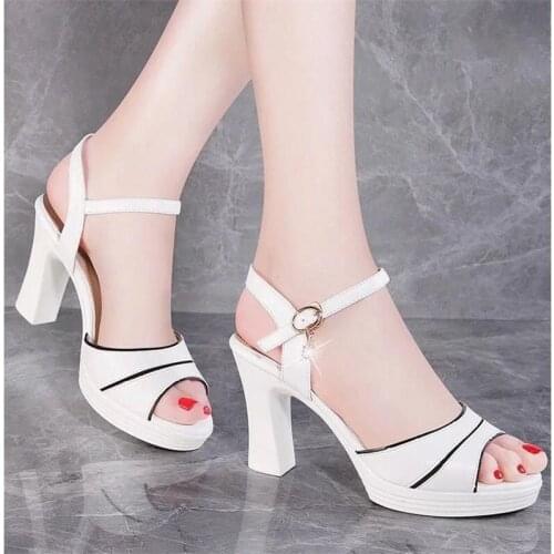 Sandals womens summer thick heel new wedge heel mid-heel womens shoes open toe fish mouth buckle sandals for women