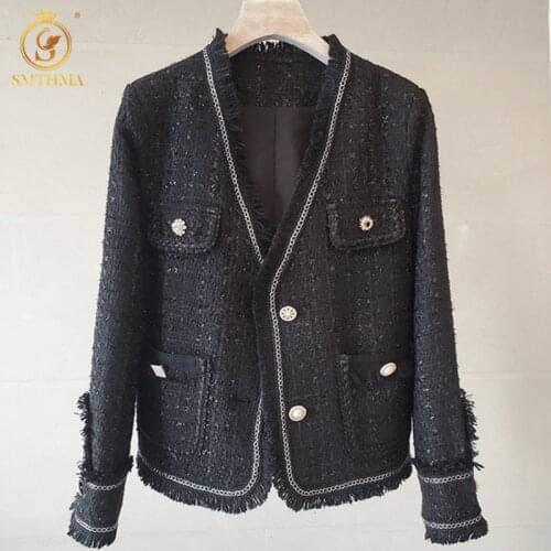 SMTHMA 2021 New Fashion Chic Black Tweed Jacket Women Autumn Winter Sexy V-Neck Tassel Woolen Coat Female Casual Outerwear