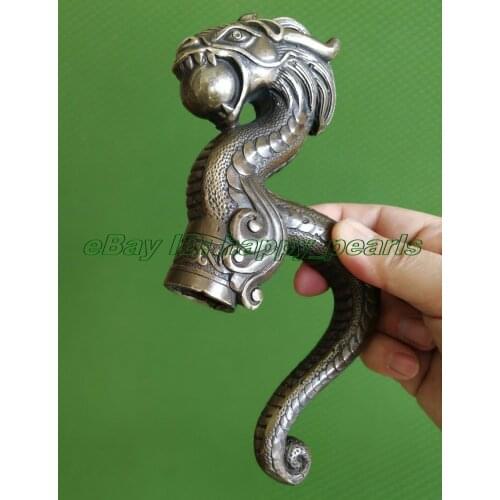 Old Bronze Carving Dragon Cane Walking Stick Head antique Statue Vintage wand
