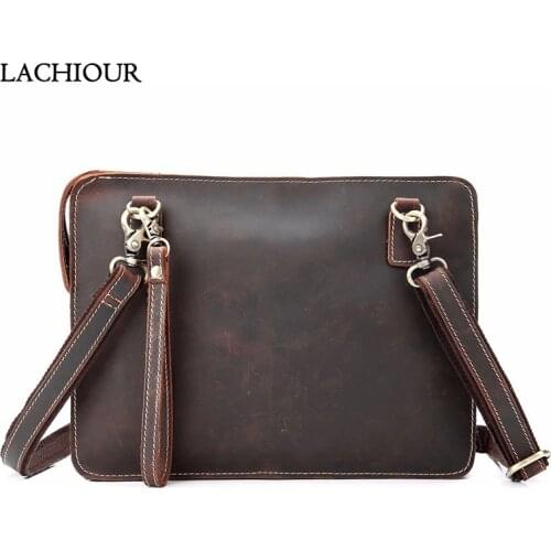 Unisex Genuine Leather Handbag Men Vintage Ipad Shoulder Bag Male Crazy Horse Leather Business Clutch Bag Mens Travel Bag