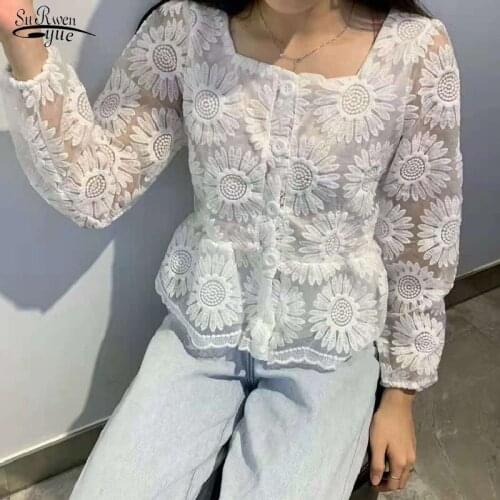 Crochet Floral Lace Shirt Women French Square Collar Vintage Slim Woman Blouses Elegant Autumn New Sweet Tops Blusas Mujer 15599