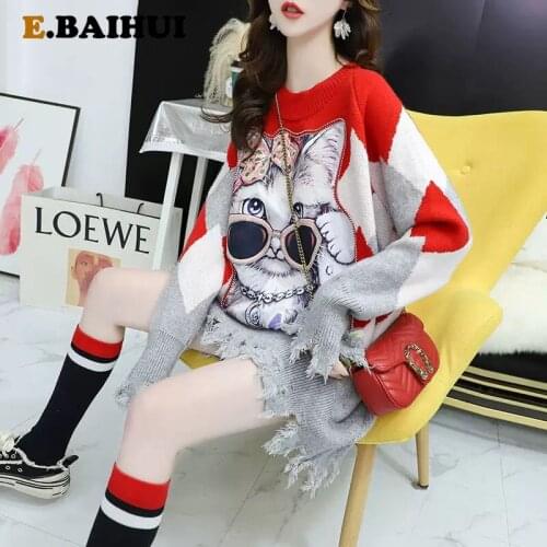 EBAIHUI Women Oversized Sweater Pullovers O-Neck Cat Pattern Printed Sequins Pull Jumpers Long Sleeve Street Knit Tops