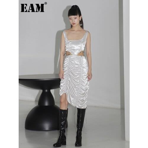 [EAM] Women Hollow Out Irregular Drawstring Dress New Square Collar Sleeveless Loose Fit Fashion Tide Spring Summer 2021 1W982