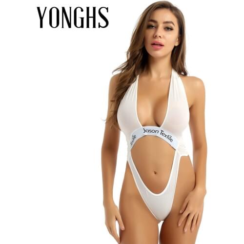 Womens Erotic Lingerie Crotchless Bodysuit Semi-sheer Halter Neck Crossed Front Backless Cut Out Waist Hot Sexy Thong Bodysuit