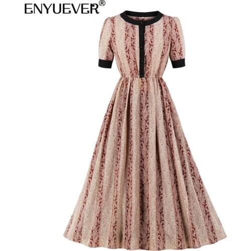 Enyuever Vintage Dress Women Clothes 2021 Short Sleeve Print Midi Swing Femme Robe Pin Up Elegant Retro Dress Casual Vestidos