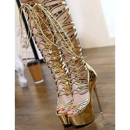 Golden Shiny Leather Petaloid Cut Out Lace Up Sandals Boots Woman Platform Thin High Heels Knee Boots Summer Stage Dance Shoes