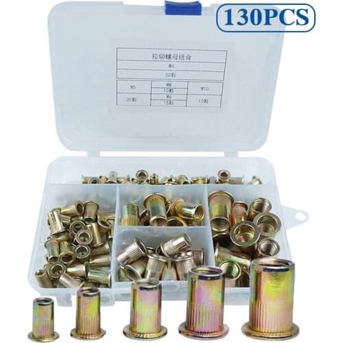 120Pcs/Set M4 M5 M6 M8 M10 Zinc Plated Knurled Rivnut Flat Head Threaded Rivet Wood Insert Cap Insert Furniture Nut Assortment