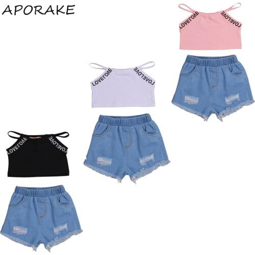 2021 3-8Y Fashion Kids Baby Girl Clothes Set Letter Print Straps Sleeveless Crop Top Vest+Denim Shorts Summer Outfits 2pcs