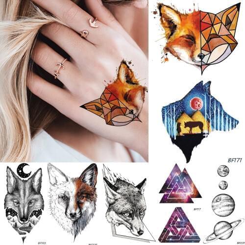 Baofuli Watercolor Geometric Fox Forest Wolf Waterproof Triangle Temporary Tattoos Sticker Star Tatoos Body Arm Planets