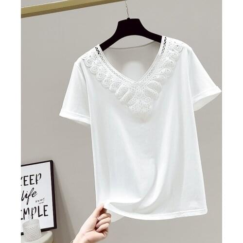 White Shirt Short-sleeved Lace Hollow Out Tops 2021 Summer V-neck Lace Women Fashion Clothing Women Tops and Blouse Chic 15138