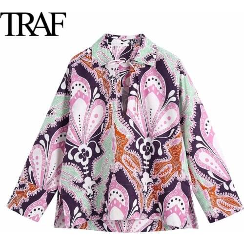 Traf Za Women Clothes 2021 Spring Autumn Vintage Printed Long Sleeve Blouses Femme Street Loose Button Up Shirts Chic LadiesTops