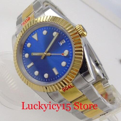 BLIGER 36mm/39mm Selfwinding Watch Men NH35A Two Tone Gold Oyster Band Luminous Hand Flat Spphire Crystal Date Window
