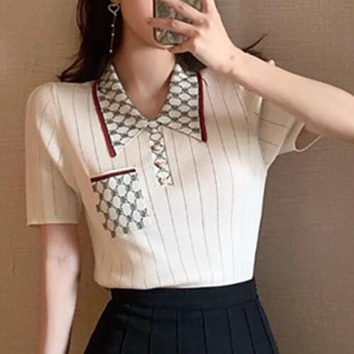 French Polo Collar Knitted Shirt Hollow Out Spliced Color Single Breasted Office Lady Summer Pull Tees Slim Elegant Femal Tops