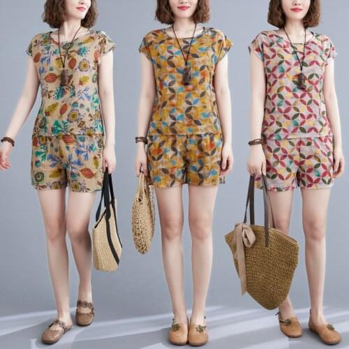 Two Piece Set Women Summer 2021 New Fashion Cotton Casual Print Tops Elastic Waist Short Sets Suits Ladies Clothing Female