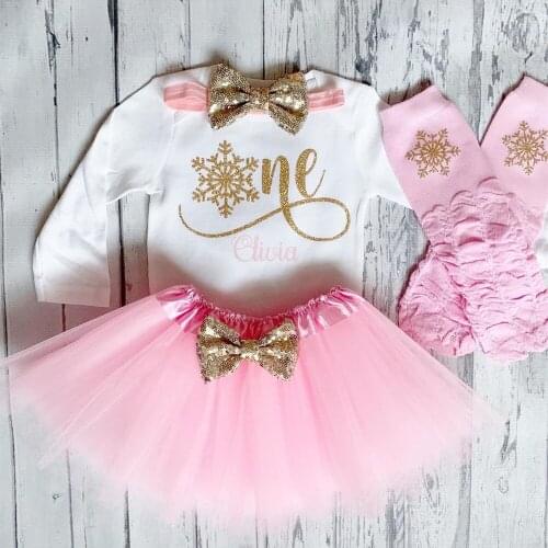 Personalized Pink and Gold Winter 1st Birthday Outfit 1st Birthday Bodysuit ，Custom Onesies tutu set， Birthday outfit set