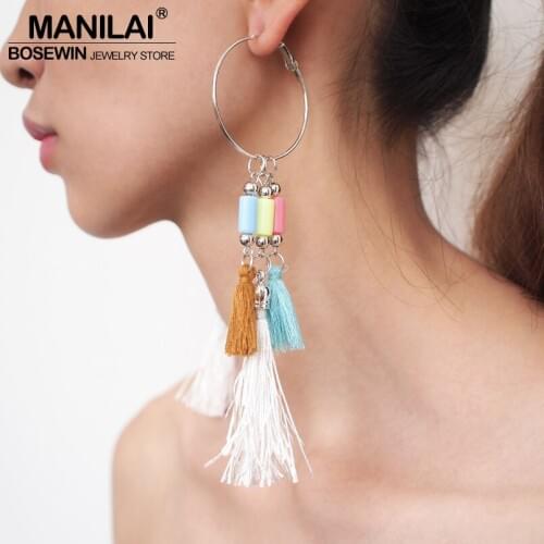 MANILAI Bohemia Cotton Long Tassel Earrings Woman Fashion Metal Acrylic Charm Dangle Earrings Party Jewelry