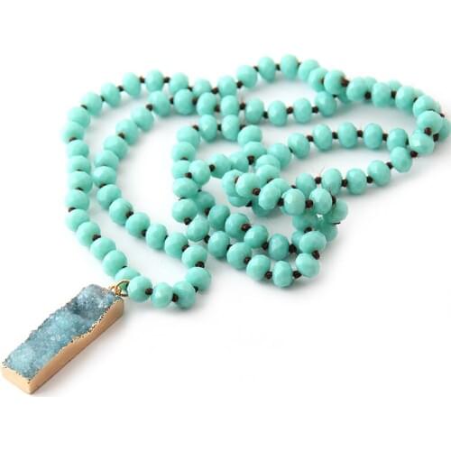 Fashion Bohemian Tribal Jewelry 8mm Crystal Glass Knotted With Blue Druzy Pendant Necklaces For Women Ethnic Necklace