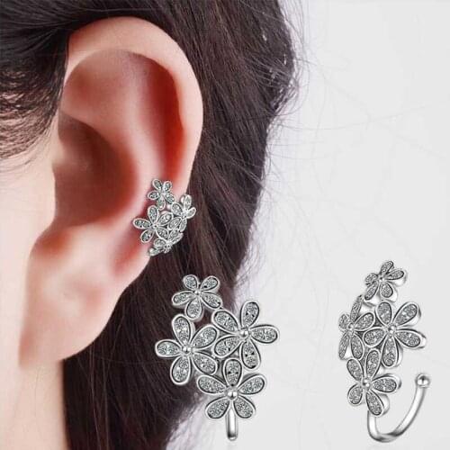 KOFSAC New Elegant Small Flower 925 Silver Ear Cuff Earrings For Women Shiny CZ Non Piercing Cartilage Ear Clip Jewelry Gifts