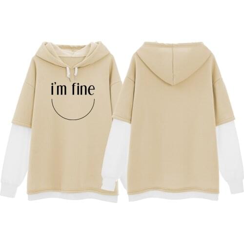 I'm fine Smiley Printed Hoodies Autumn Winter Fleece Casual Spell Color Splicing Sweatshirt Harajuku Simplicity warm Clothes