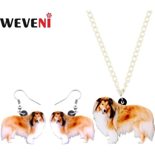 WEVENI Acrylic Happy Collie Sheltie Shepherd Dog Earrings Necklace Collar Cute Animal Jewelry Sets For Women Girls Accessories