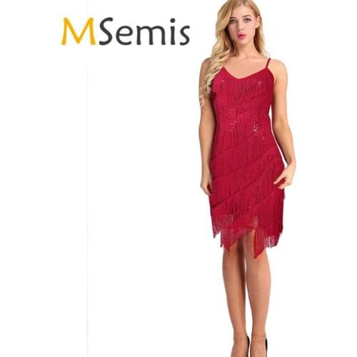 Women Latin Dance Dress Adult Straps Sparkling Sequins Fringed Dress Tassel Party Gowns Rhythm Ballroom Samba Rumba Tango Dress