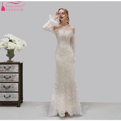 Unique Lace Mermaid Wedding Dresses Long puff sleeve elegant bridal bohemian gowns ZW271