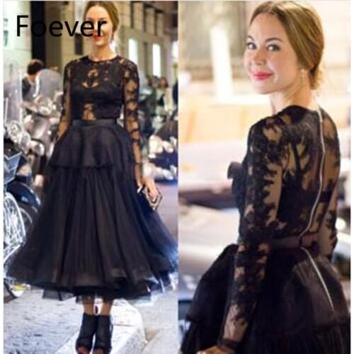 Vintage Sheer Long Sleeves Tea Length Evening Dresses Illusion Lace Top Black Evening Gowns Vestidos