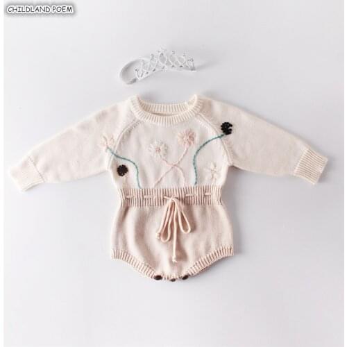 Knitted Baby Romper Newborn Baby Clothes Embroidery Floral Infant Baby Girl Romper Long Sleeve Cotton Baby Boy Romper Jumpsuit