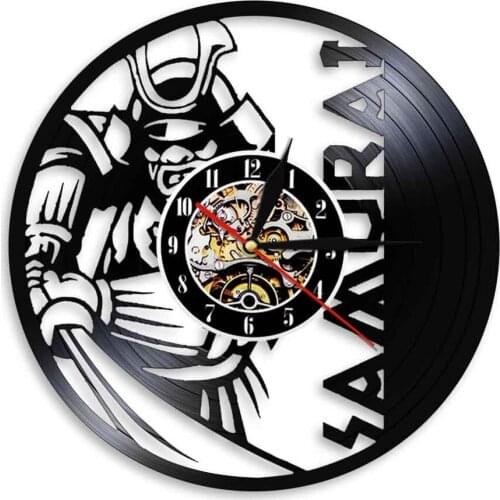 Japanese Samurai Vinyl Record Wall Clock Modern Swordsman LED Light Time Clocks Vintage Silent Quartz Timepiece Wall Art Watch