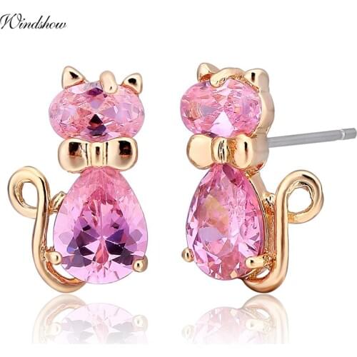 Yellow Gold Color Cute Bow Knot Pink Crystals CZ Cats Stud Earrings for Women Children Girls Kids Gatos Jewelry bijoux Aros