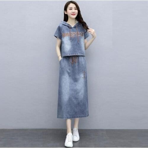 2020 Summer WomenS Fashion Letters Printing Splice Denim Hooded Tops+Skirts Suits Female Vintage Denim Loose 2 Piece Sets A5448