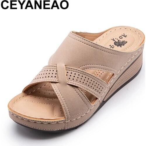 CEYANEAO New 2021 Summer Shoes Woman Outer Wear Non-slip Plus Size Wedge Retro Breathable Hollow Women Slippers Beach Ladies